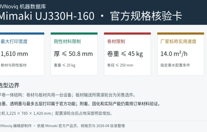 Mimaki UJ330H-160 打印宽度、卷材与刚性材料规格核验卡