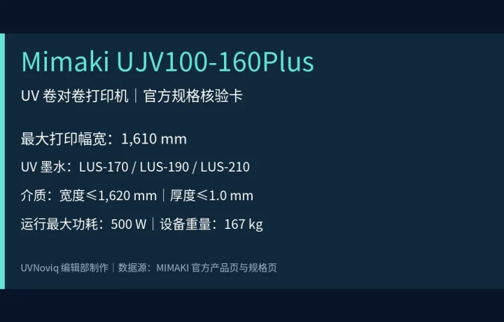 Mimaki UJV100-160Plus 打印幅宽、墨水、介质与功耗规格卡