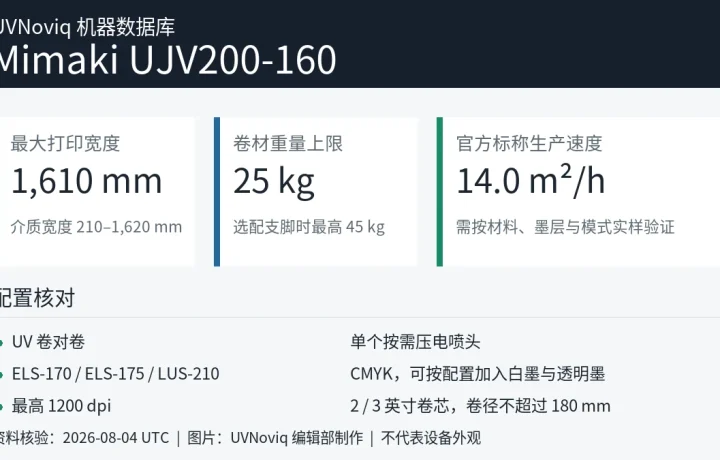 Mimaki UJV200-160 最大打印宽度、卷材重量、速度和墨水配置规格卡
