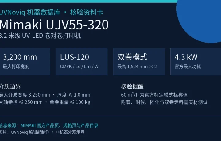 Mimaki UJV55-320 打印幅宽、双卷、墨水与功耗规格资料卡
