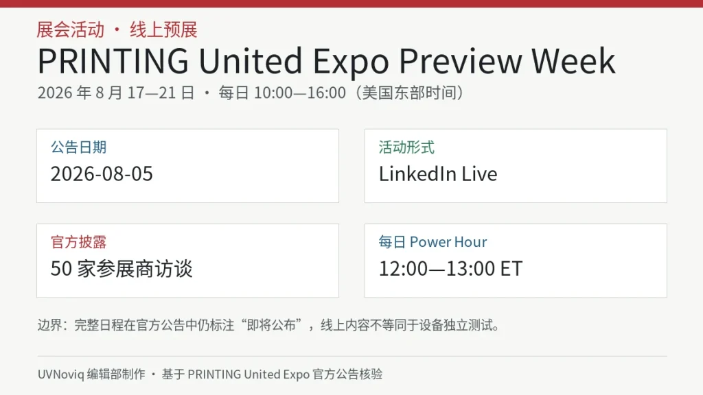 PRINTING United Expo Preview Week 2026 活动日期、线上形式和访谈安排事实卡