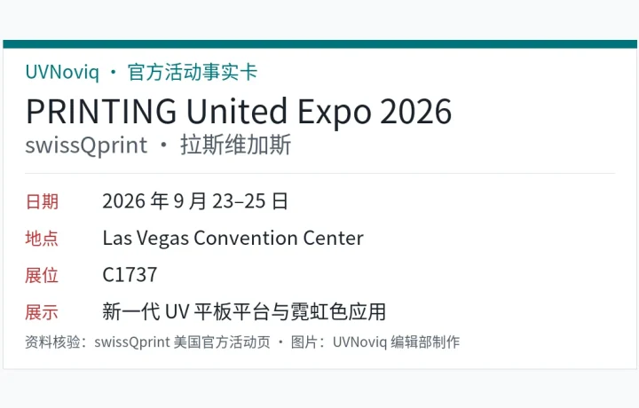 swissQprint 参加 2026 PRINTING United Expo 的日期地点和展位事实卡