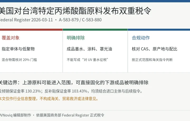 美国对台湾特定丙烯酸酯单体和低聚物反倾销及反补贴税令的覆盖范围与成品 UV 墨水排除信息图
