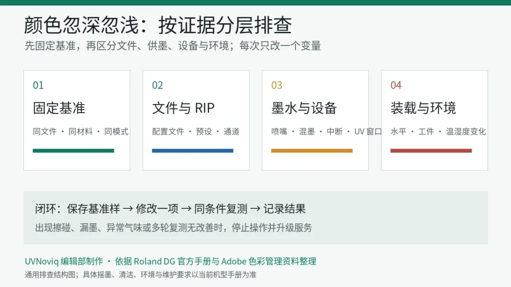 UV 打印颜色忽深忽浅时按基准、文件与 RIP、墨水设备和环境分层排查示意图