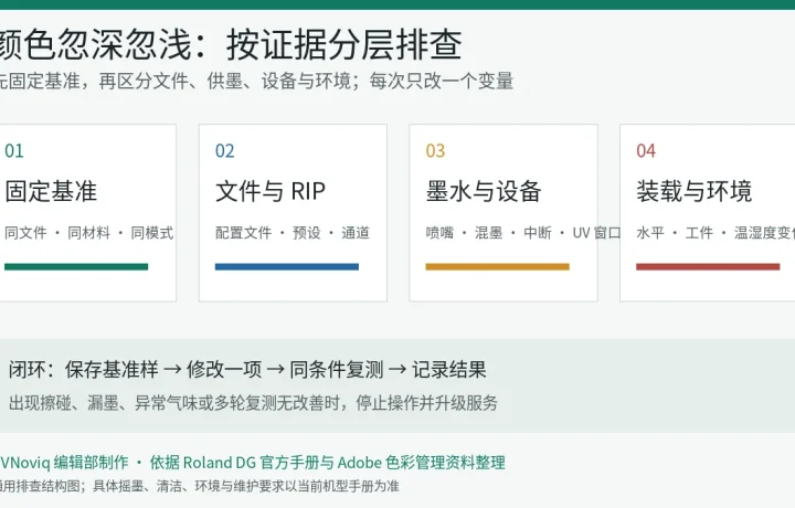 UV 打印颜色忽深忽浅时按基准、文件与 RIP、墨水设备和环境分层排查示意图