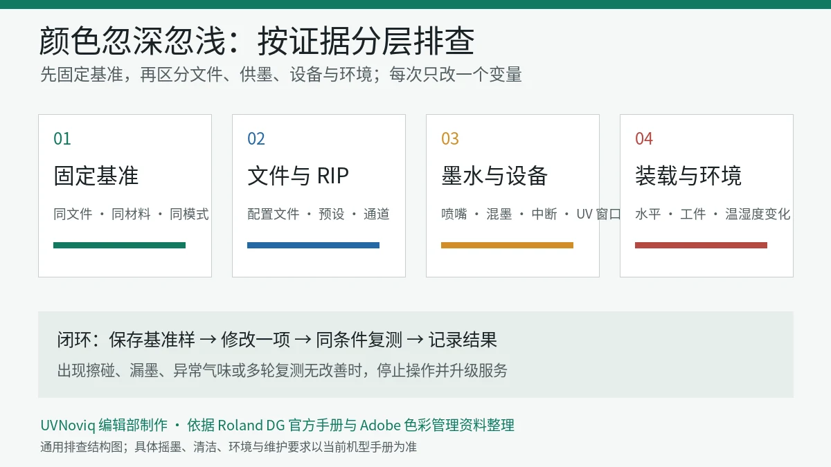 UV 打印颜色忽深忽浅时按基准、文件与 RIP、墨水设备和环境分层排查示意图