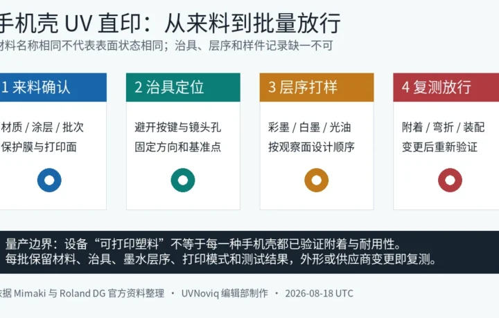手机壳 UV 直印从来料确认、治具定位、层序打样到复测放行的流程图