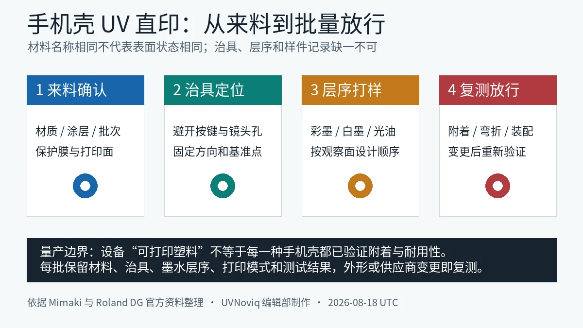 手机壳 UV 直印从来料确认、治具定位、层序打样到复测放行的流程图