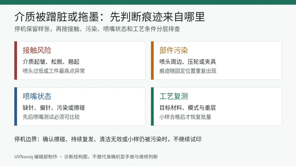 UV 打印介质蹭脏或拖墨按接触风险、部件污染、喷嘴状态和工艺复测排查的信息图