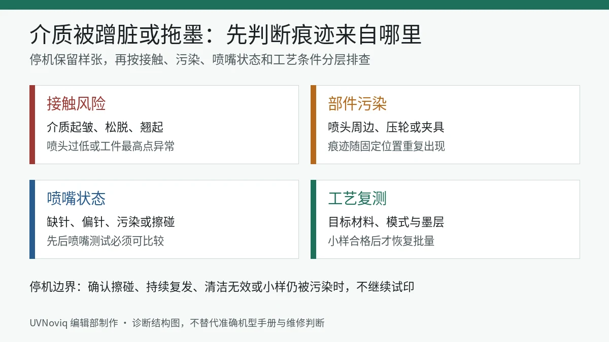 UV 打印介质蹭脏或拖墨按接触风险、部件污染、喷嘴状态和工艺复测排查的信息图