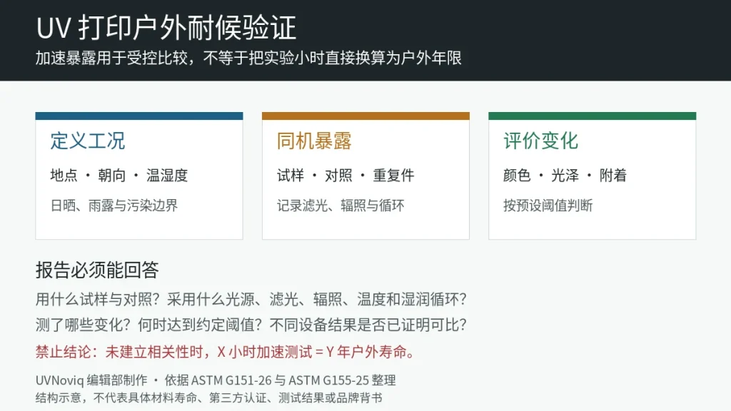 UV 打印户外耐候从定义工况、同机暴露到评价变化的验证流程图