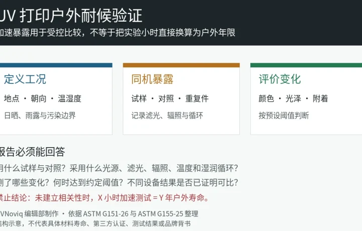 UV 打印户外耐候从定义工况、同机暴露到评价变化的验证流程图