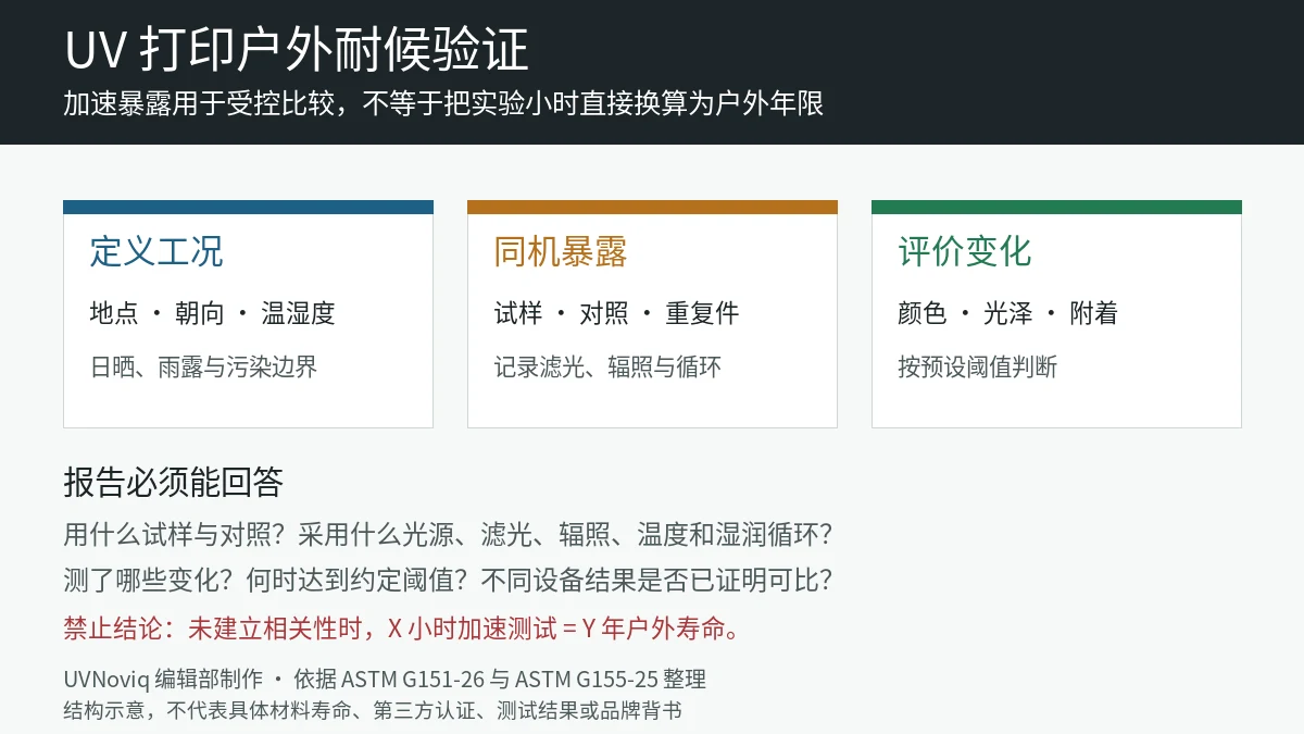 UV 打印户外耐候从定义工况、同机暴露到评价变化的验证流程图