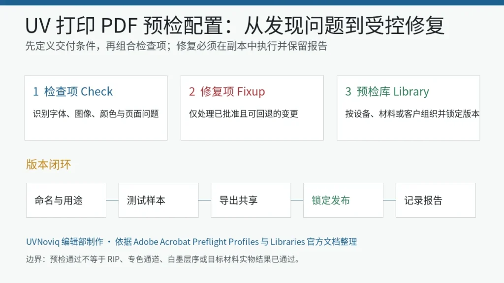UV 打印 PDF 预检配置从检查项、修复项到预检库版本管理的流程图