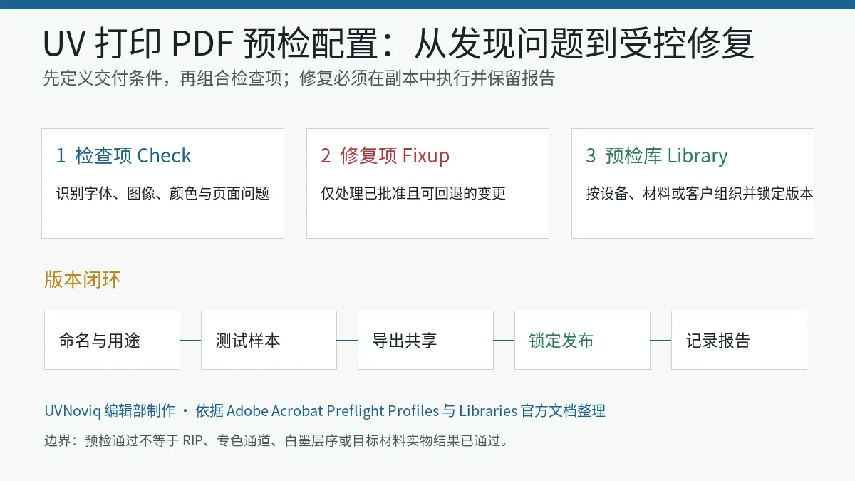 UV 打印 PDF 预检配置从检查项、修复项到预检库版本管理的流程图