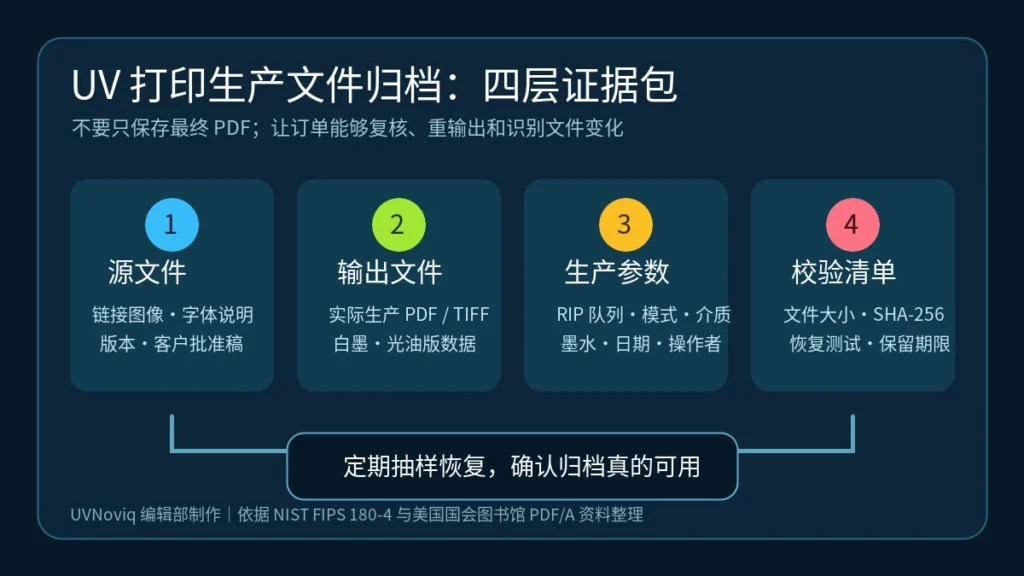 UV 打印生产文件归档的源文件、输出文件、生产参数与校验清单信息图