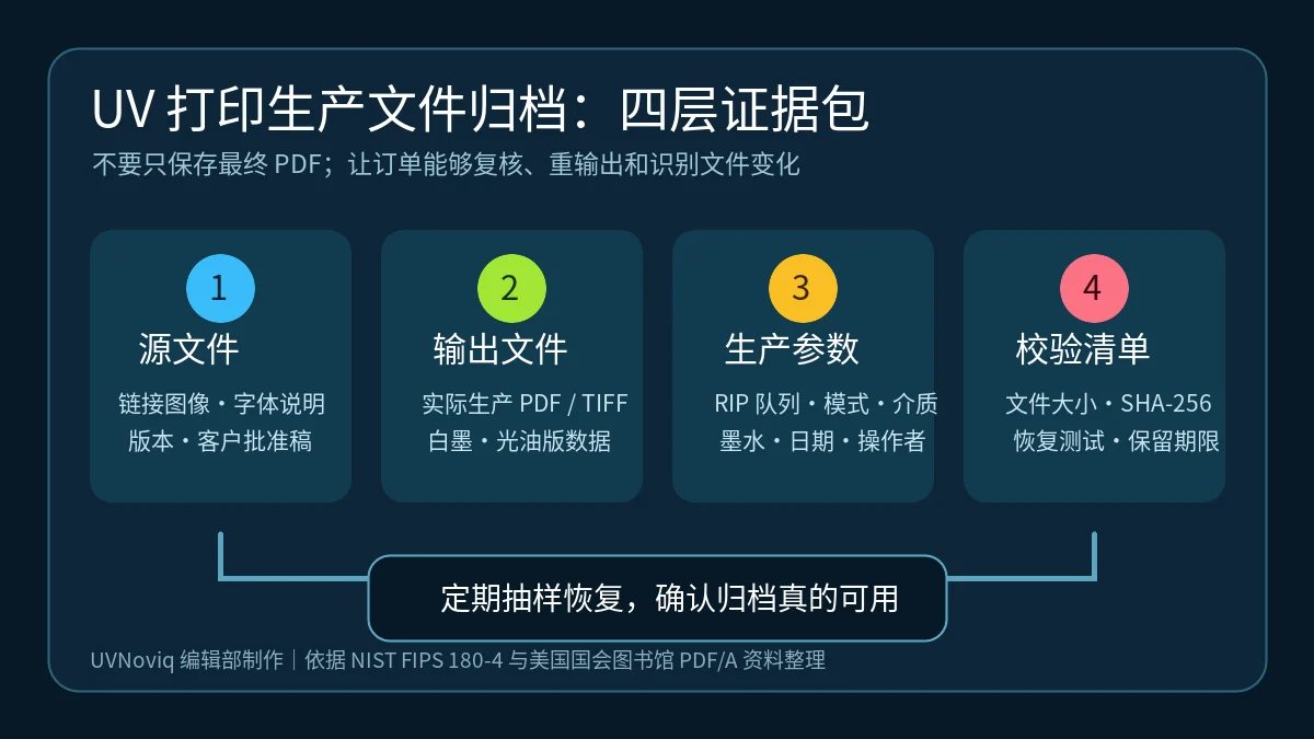 UV 打印生产文件归档的源文件、输出文件、生产参数与校验清单信息图