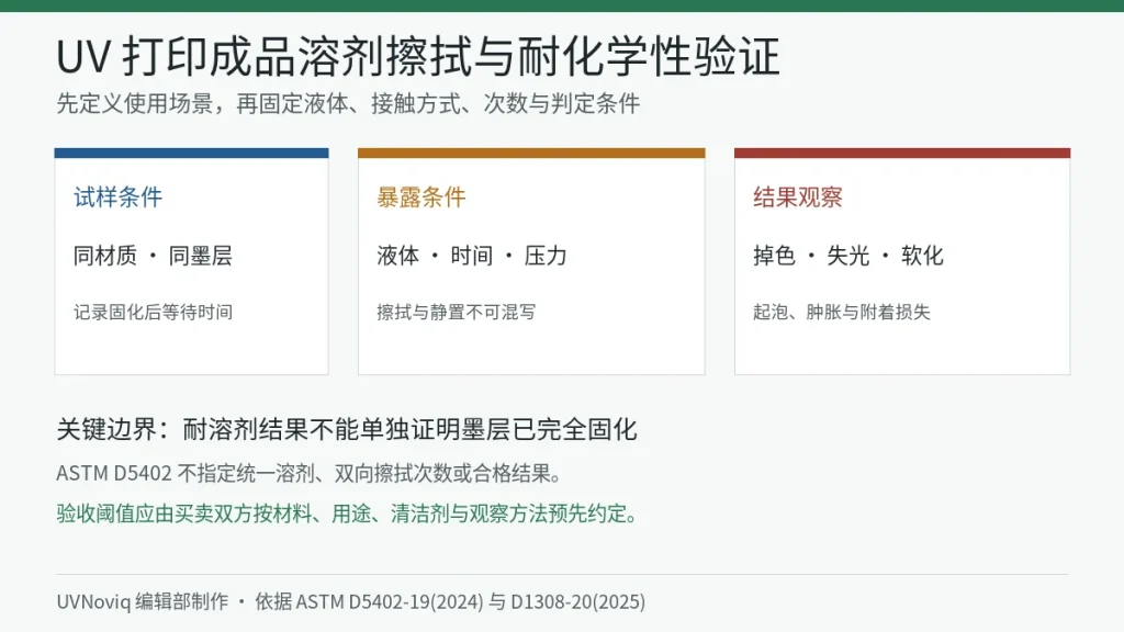 UV 打印成品溶剂擦拭试样条件、暴露条件、结果观察与验收边界信息图