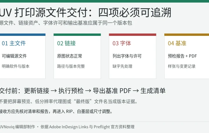 UV 打印源文件交付包中的主文件、链接资产、字体和输出基准清单