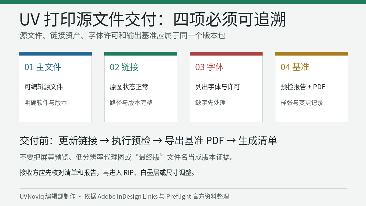 UV 打印源文件交付包中的主文件、链接资产、字体和输出基准清单