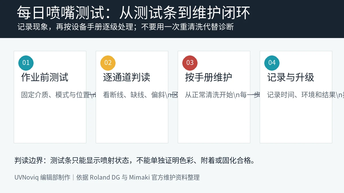 UV 打印机每日喷嘴测试、判读、清洗与记录闭环信息图