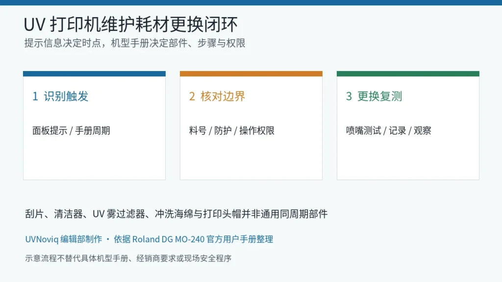 UV 打印机维护耗材从提示触发、边界核对到更换复测的三步流程图