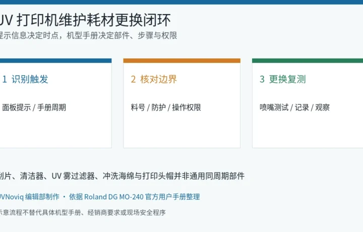 UV 打印机维护耗材从提示触发、边界核对到更换复测的三步流程图