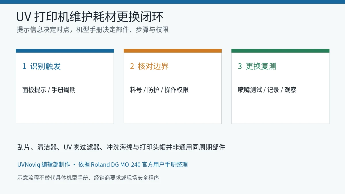 UV 打印机维护耗材从提示触发、边界核对到更换复测的三步流程图