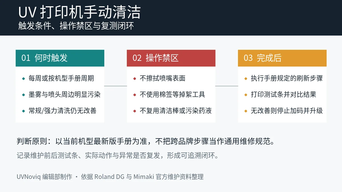 UV 打印机手动清洁触发条件、操作禁区与复测闭环信息图