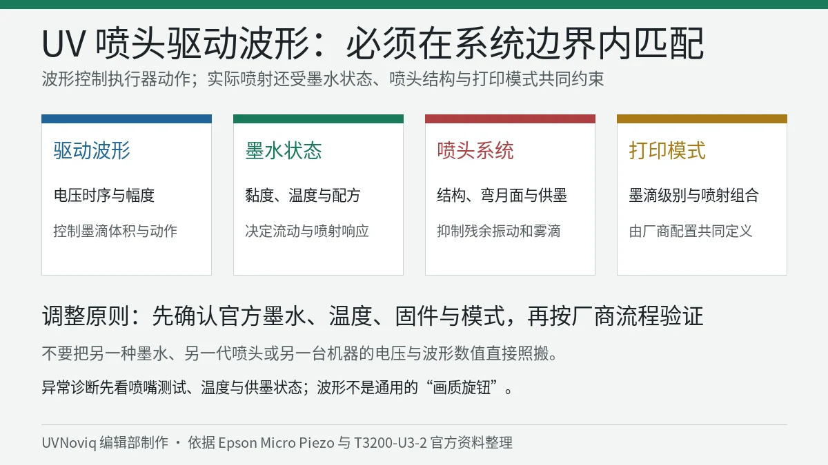 UV 喷头驱动波形、墨水状态、喷头系统和打印模式匹配关系图