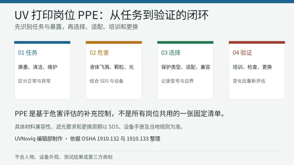 UV 打印岗位从任务和危害评估到 PPE 选择、适配、培训与更换的流程图