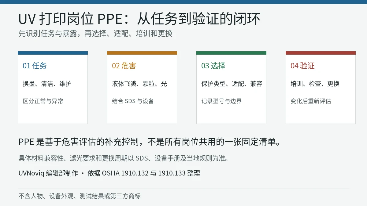 UV 打印岗位从任务和危害评估到 PPE 选择、适配、培训与更换的流程图