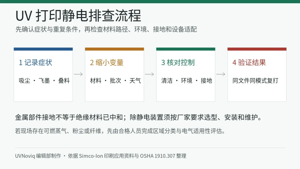 UV 打印静电从症状记录到接地除静电和复打验证的排查流程