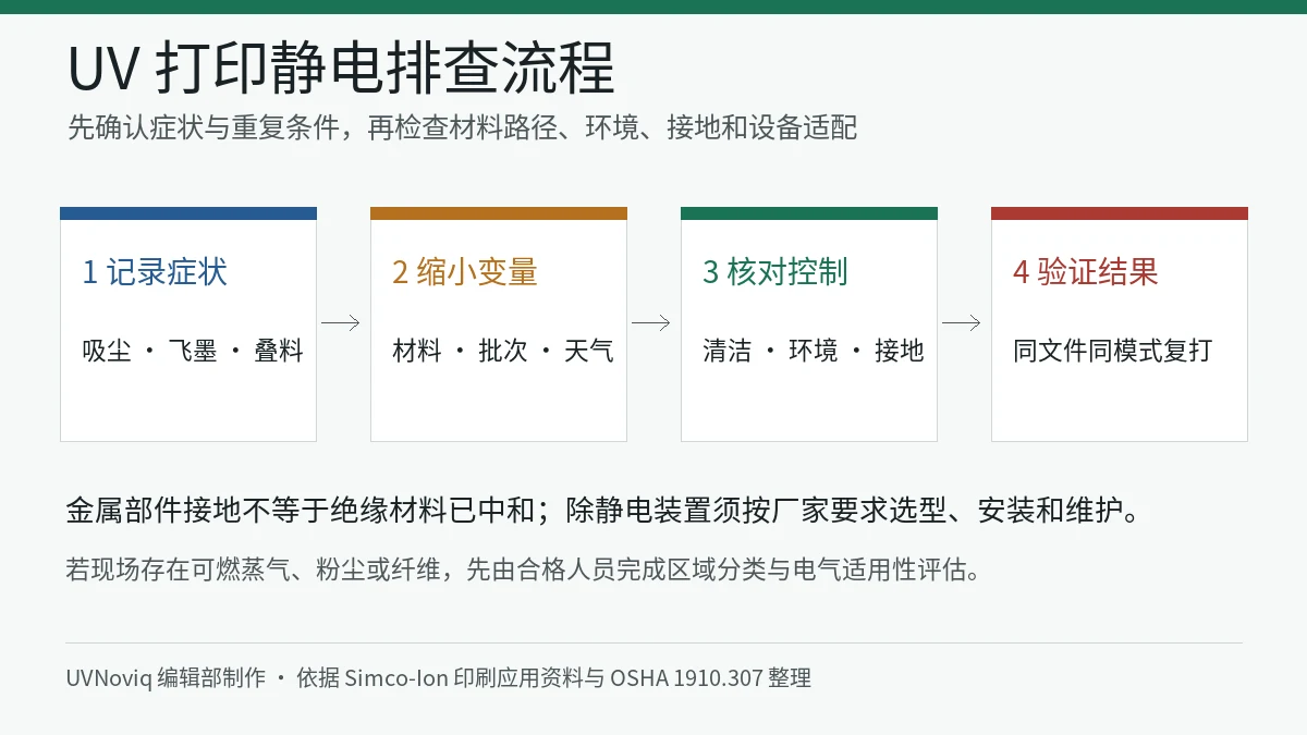 UV 打印静电从症状记录到接地除静电和复打验证的排查流程