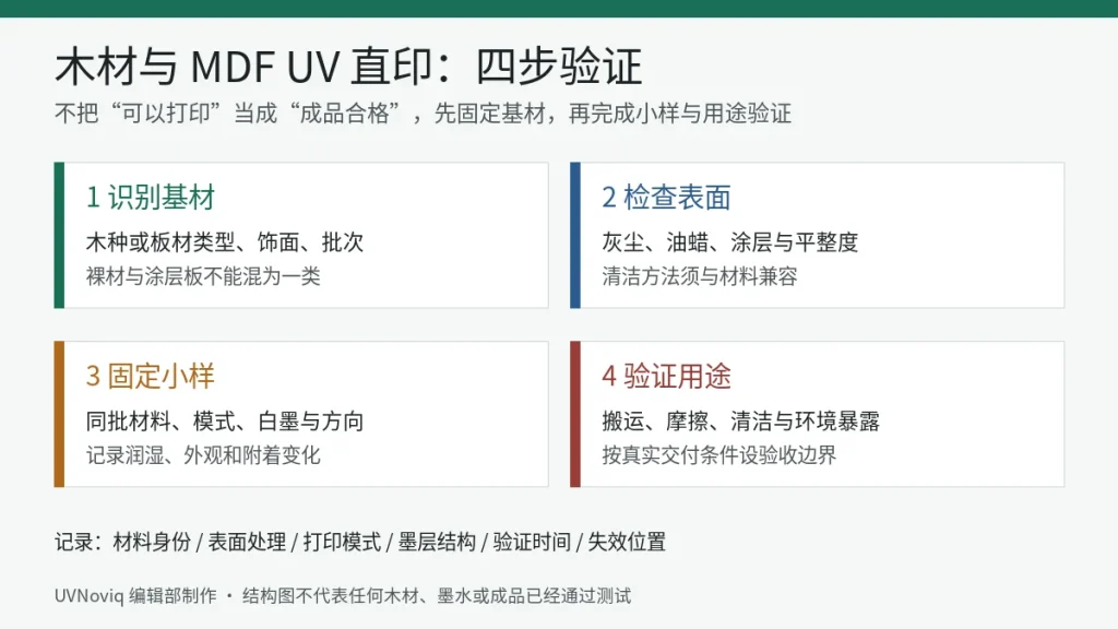 木材与 MDF UV 直印按识别基材、检查表面、小样打印和用途验证执行的信息图