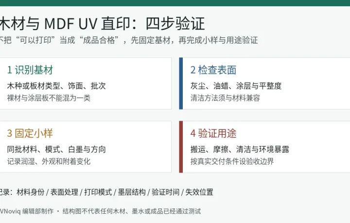 木材与 MDF UV 直印按识别基材、检查表面、小样打印和用途验证执行的信息图
