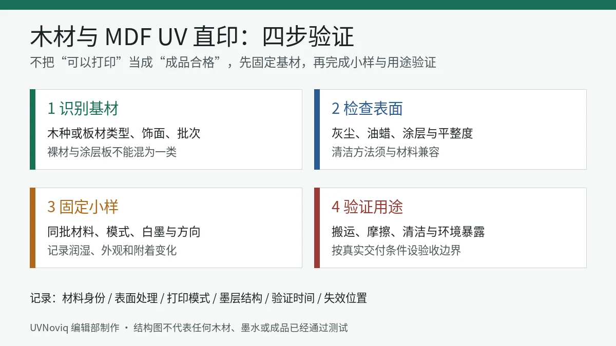 木材与 MDF UV 直印按识别基材、检查表面、小样打印和用途验证执行的信息图